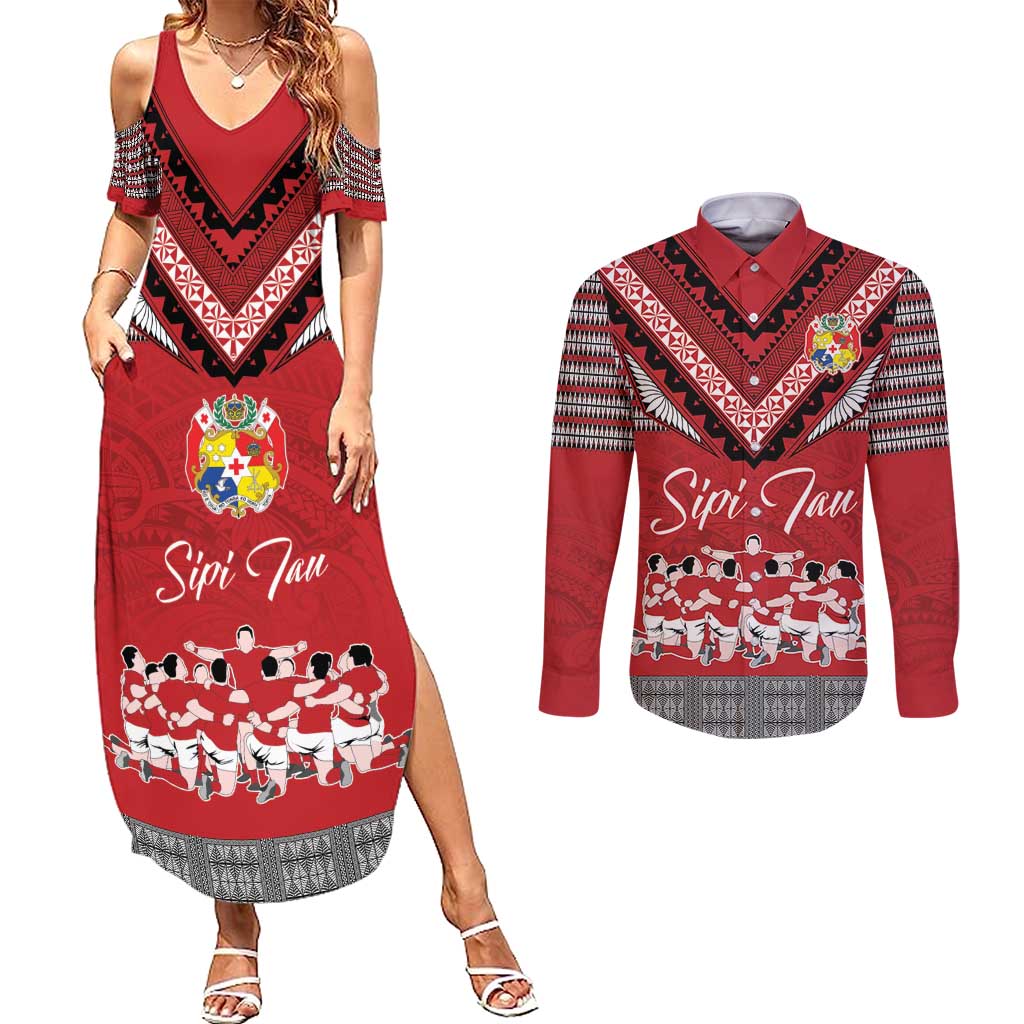 Personalised Tonga Rugby Pacific Couples Matching Summer Maxi Dress and Long Sleeve Button Shirt Ikale Tahi Sipi Tau LT9 Red - Polynesian Pride
