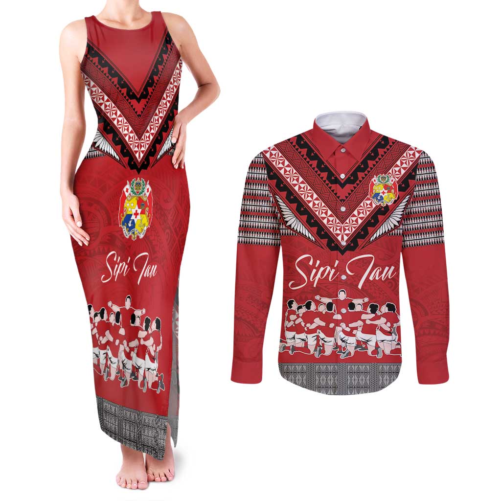 Personalised Tonga Rugby Pacific Couples Matching Tank Maxi Dress and Long Sleeve Button Shirt Ikale Tahi Sipi Tau LT9 Red - Polynesian Pride