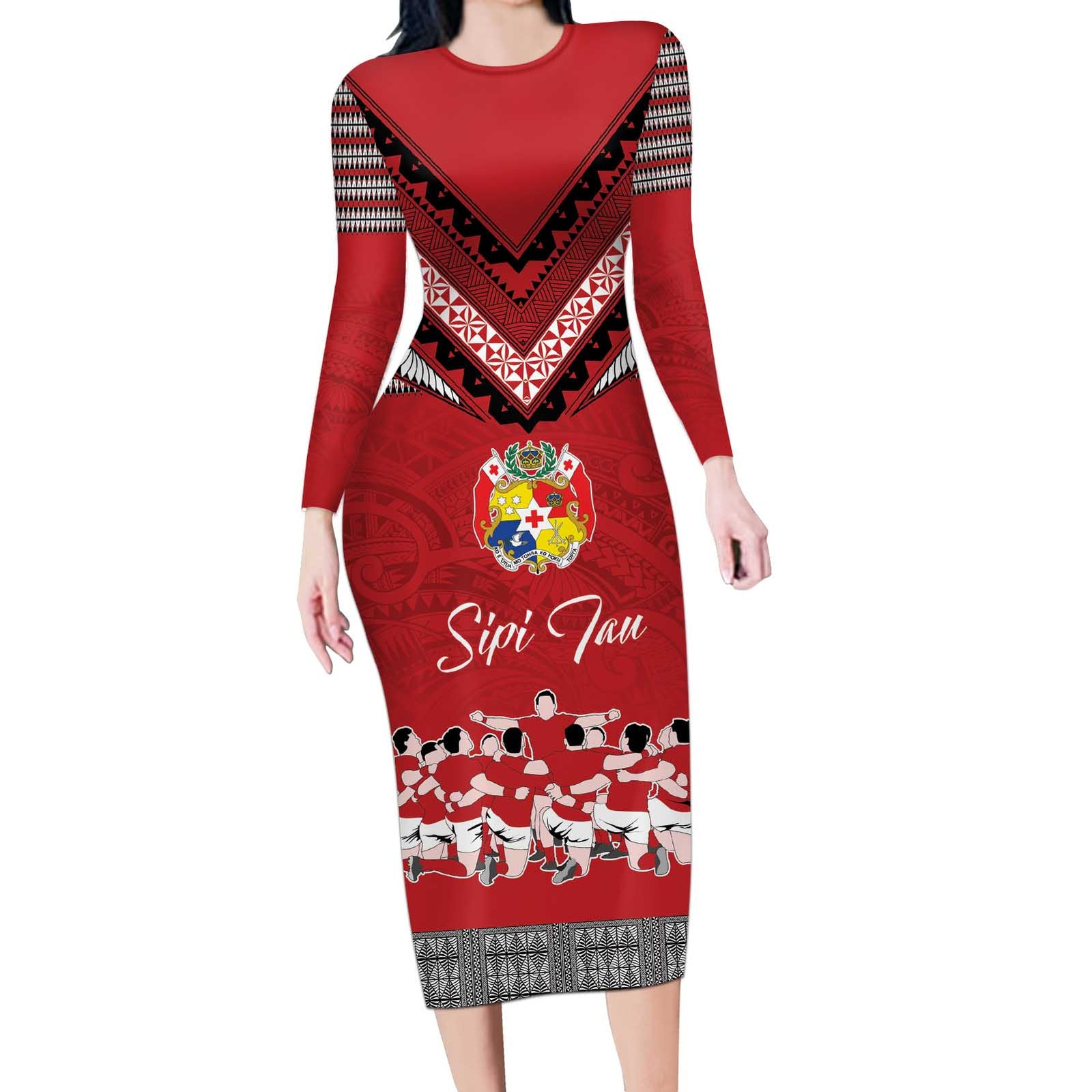 Personalised Tonga Rugby Pacific Long Sleeve Bodycon Dress Ikale Tahi Sipi Tau LT9 Long Dress Red - Polynesian Pride