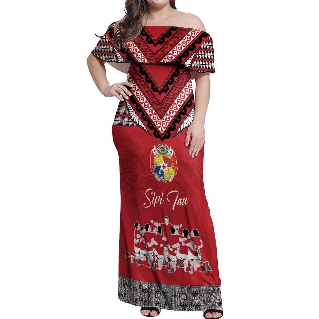Personalised Tonga Rugby Pacific Off Shoulder Maxi Dress Ikale Tahi Sipi Tau LT9 Women Red - Polynesian Pride