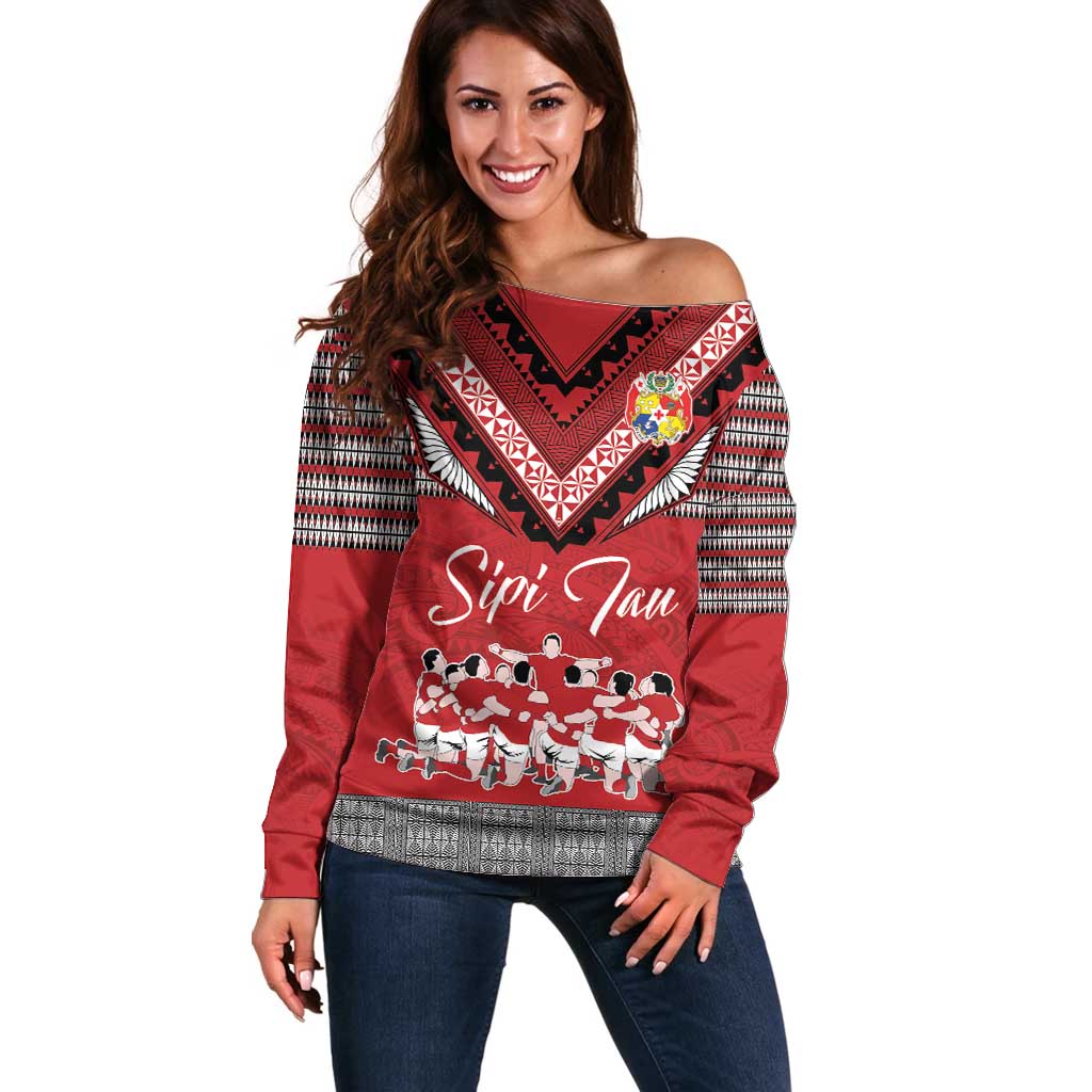 Personalised Tonga Rugby Pacific Off Shoulder Sweater Ikale Tahi Sipi Tau LT9 Women Red - Polynesian Pride