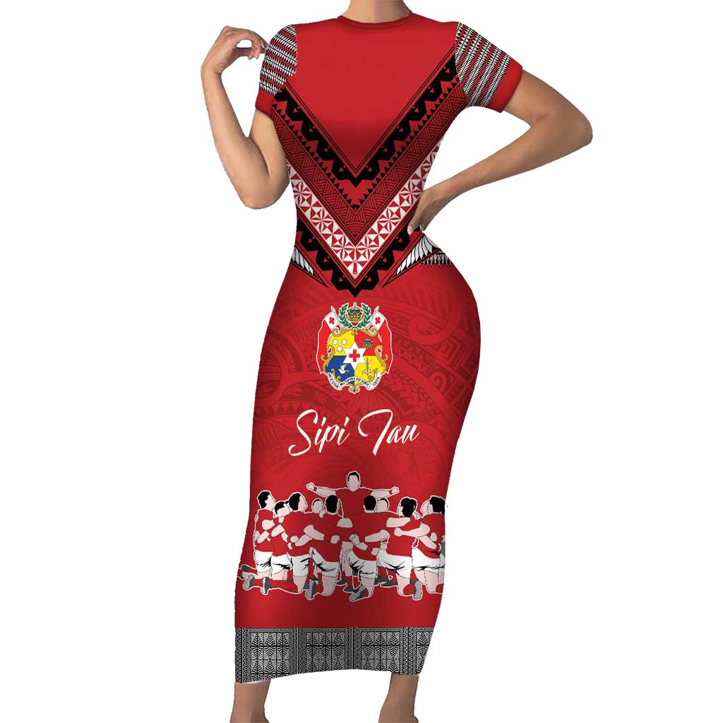 Personalised Tonga Rugby Pacific Short Sleeve Bodycon Dress Ikale Tahi Sipi Tau LT9 Long Dress Red - Polynesian Pride