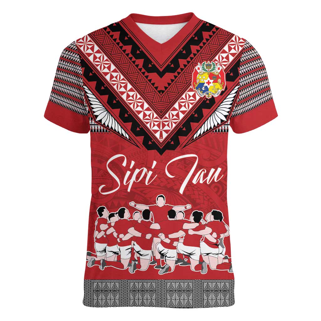 Personalised Tonga Rugby Pacific Women V-Neck T-Shirt Ikale Tahi Sipi Tau LT9 Female Red - Polynesian Pride