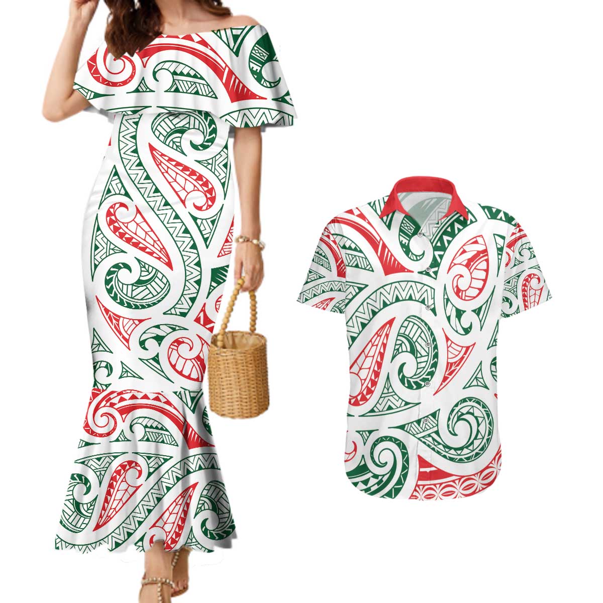 New Zealand Kowhaiwhai Christmas Couples Matching Mermaid Dress and Hawaiian Shirt Traditional Maori Koru Pattern - Polynesian Pride