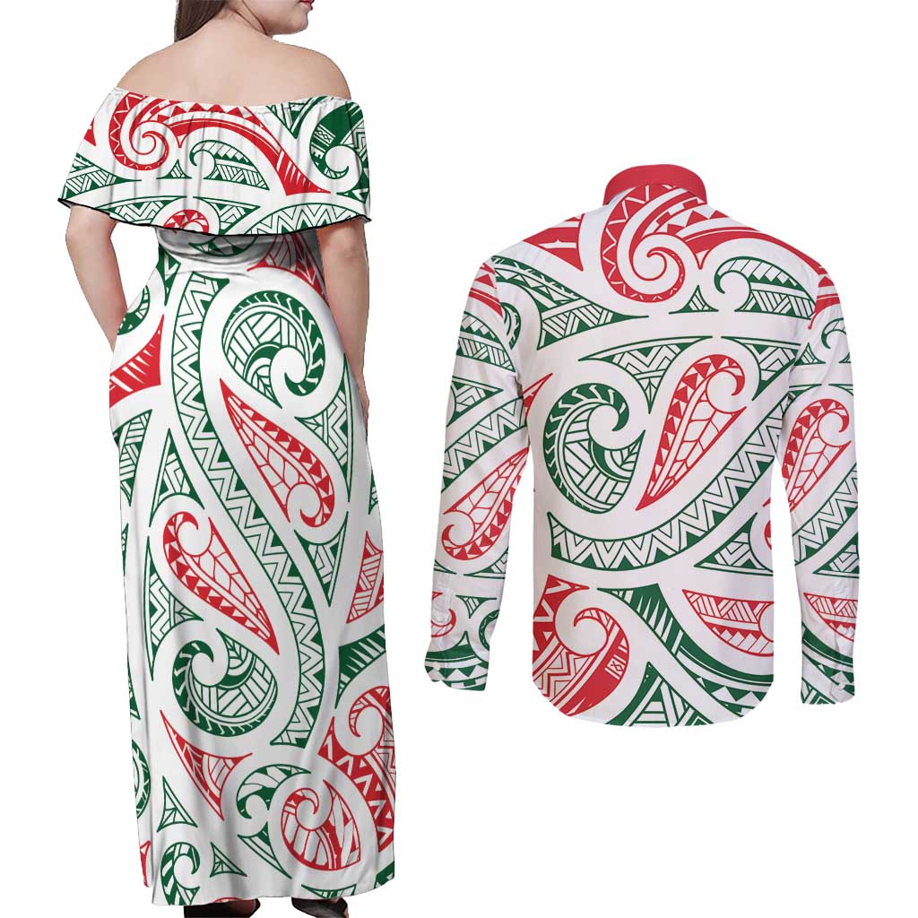 New Zealand Kowhaiwhai Christmas Couples Matching Off Shoulder Maxi Dress and Long Sleeve Button Shirt Traditional Maori Koru Pattern - Polynesian Pride
