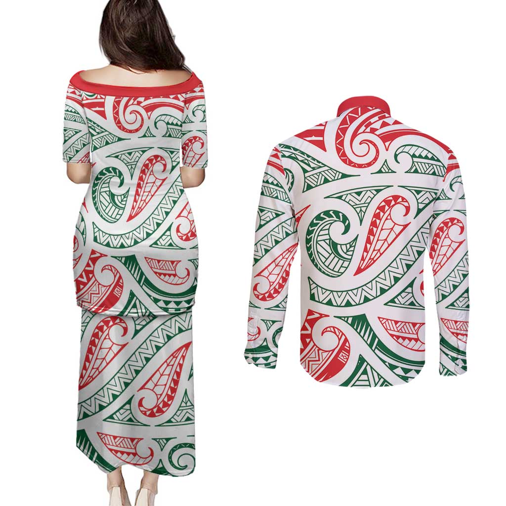 New Zealand Kowhaiwhai Christmas Couples Matching Puletasi and Long Sleeve Button Shirt Traditional Maori Koru Pattern - Polynesian Pride