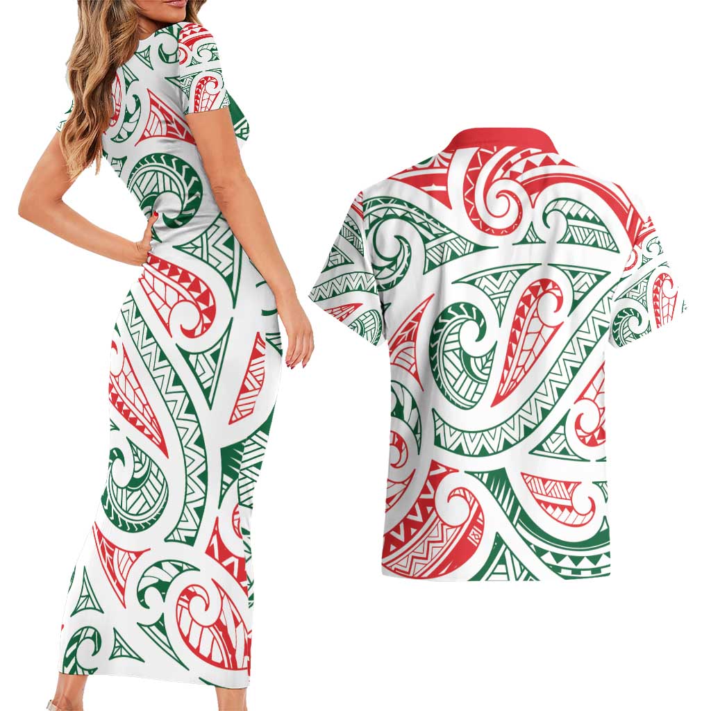 New Zealand Kowhaiwhai Christmas Couples Matching Short Sleeve Bodycon Dress and Hawaiian Shirt Traditional Maori Koru Pattern - Polynesian Pride