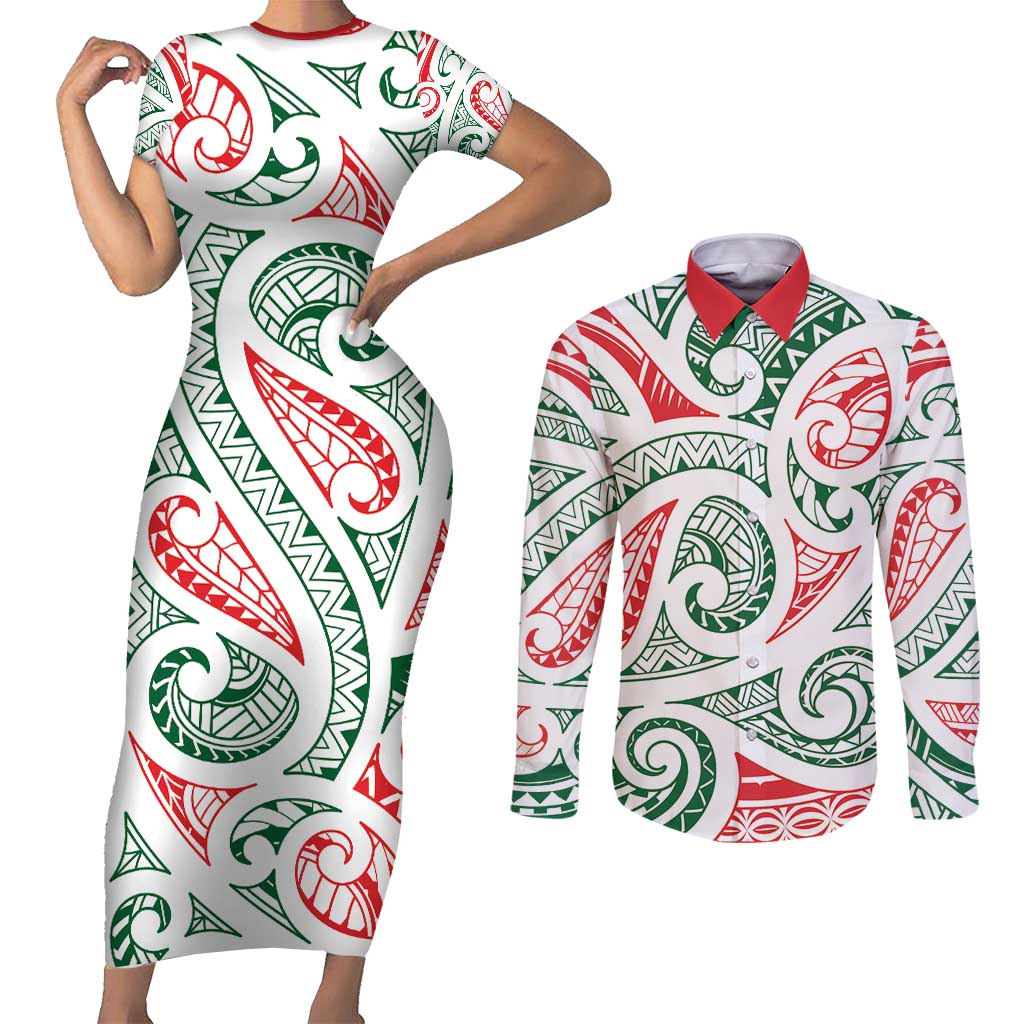 New Zealand Kowhaiwhai Christmas Couples Matching Short Sleeve Bodycon Dress and Long Sleeve Button Shirt Traditional Maori Koru Pattern - Polynesian Pride