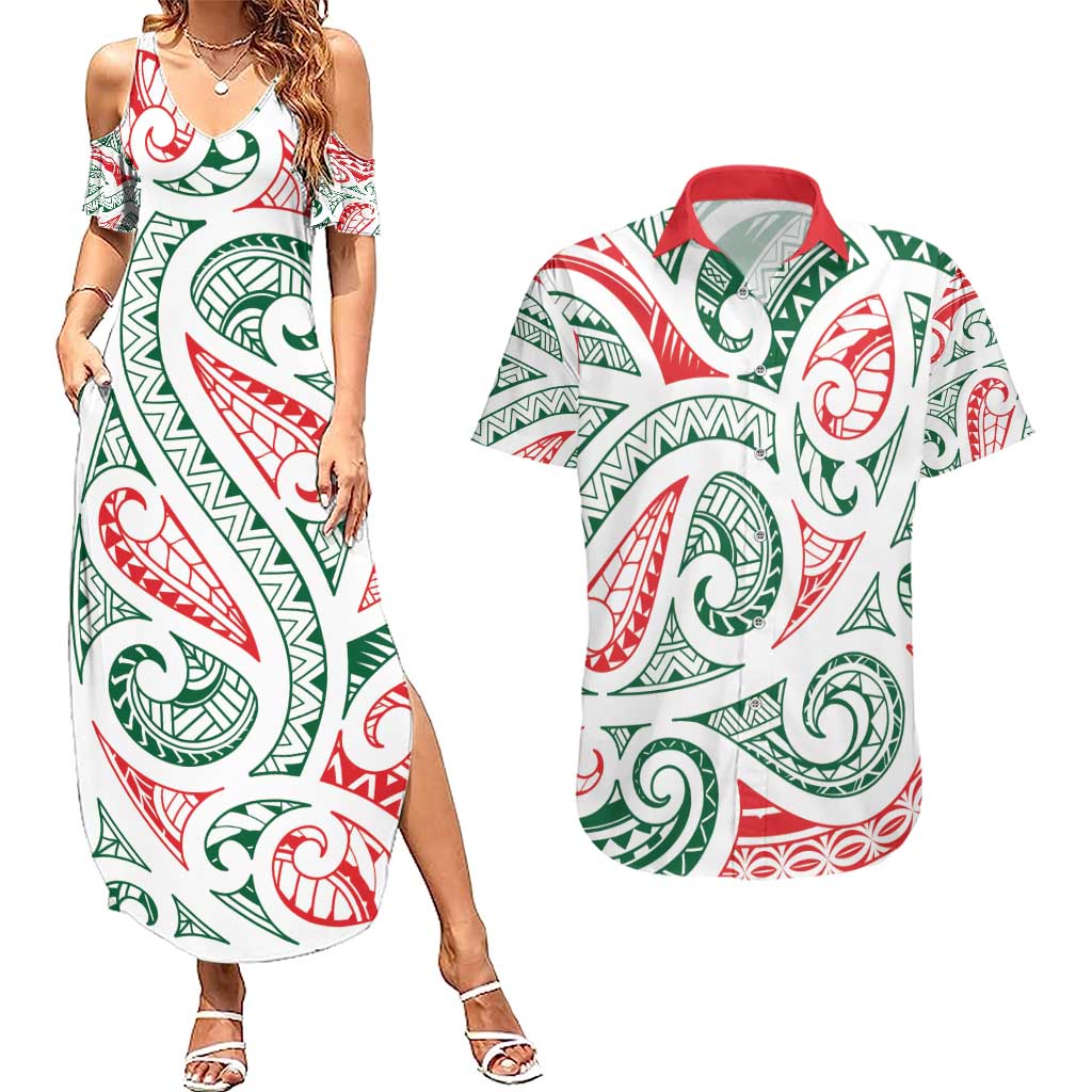 New Zealand Kowhaiwhai Christmas Couples Matching Summer Maxi Dress and Hawaiian Shirt Traditional Maori Koru Pattern - Polynesian Pride