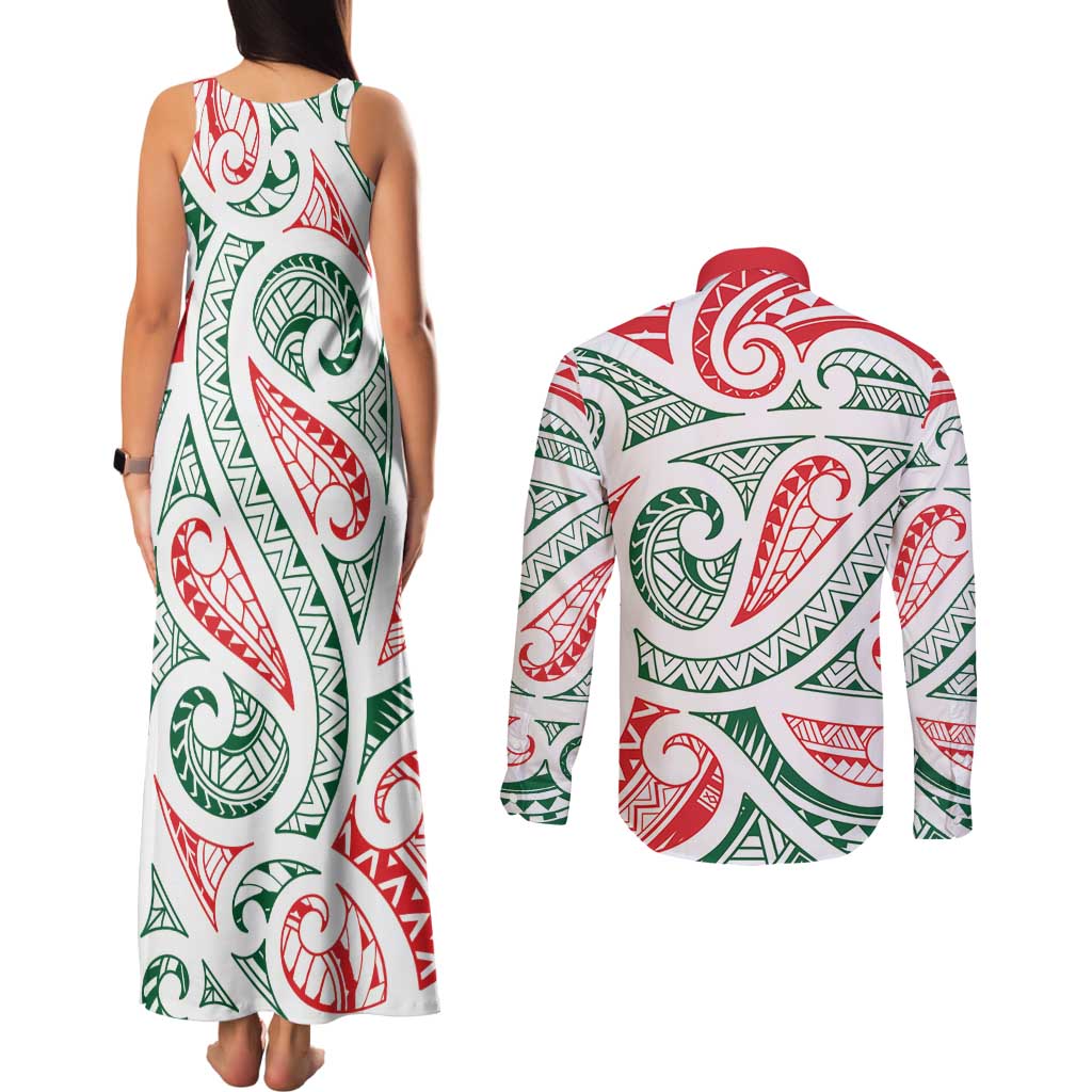 New Zealand Kowhaiwhai Christmas Couples Matching Tank Maxi Dress and Long Sleeve Button Shirt Traditional Maori Koru Pattern - Polynesian Pride