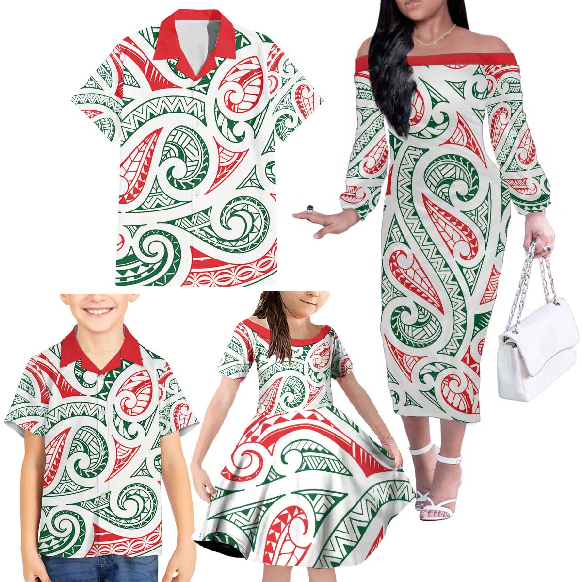 New Zealand Kowhaiwhai Christmas Family Matching Off The Shoulder Long Sleeve Dress and Hawaiian Shirt Traditional Maori Koru Pattern - Polynesian Pride