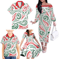 New Zealand Kowhaiwhai Christmas Family Matching Off The Shoulder Long Sleeve Dress and Hawaiian Shirt Traditional Maori Koru Pattern - Polynesian Pride