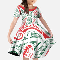 New Zealand Kowhaiwhai Christmas Kid Short Sleeve Dress Traditional Maori Koru Pattern - Polynesian Pride