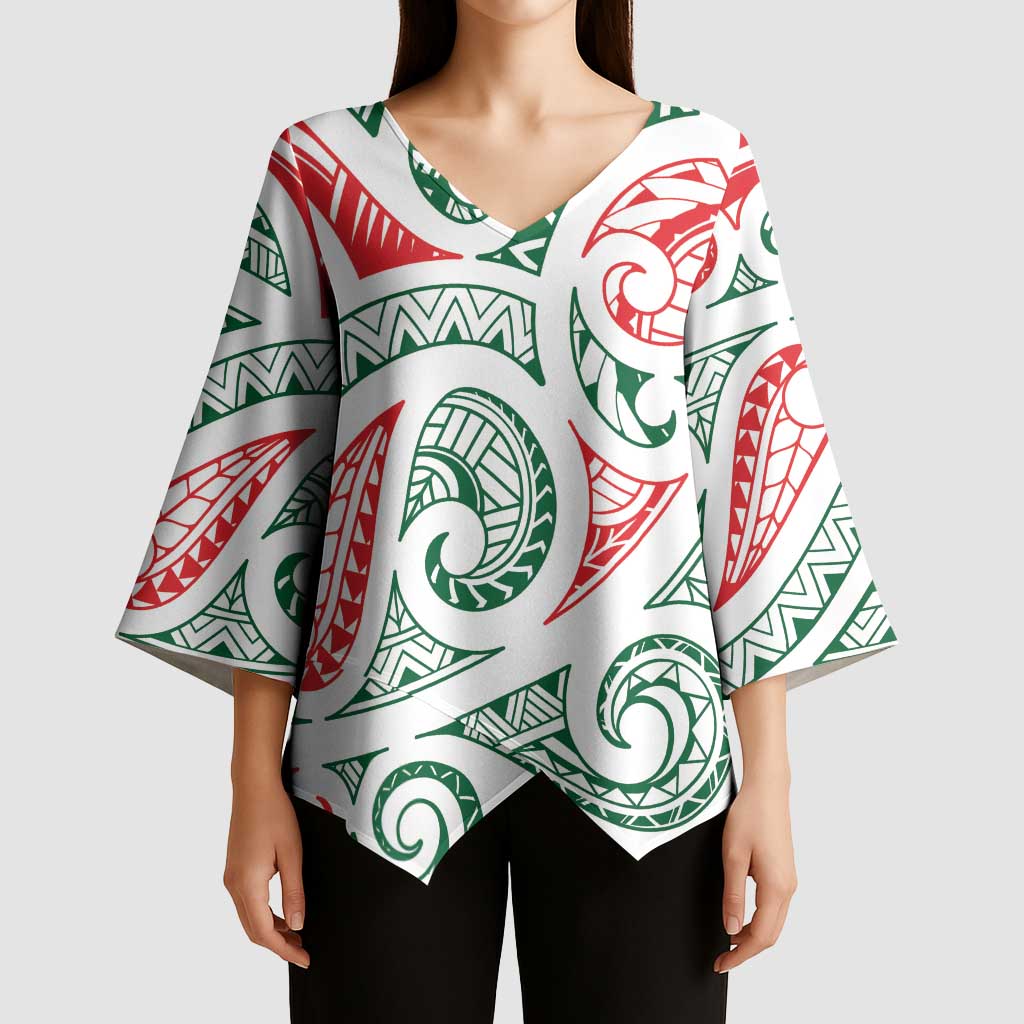 New Zealand Kowhaiwhai Christmas Kimono Sleeve Blouse Traditional Maori Koru Pattern - Polynesian Pride