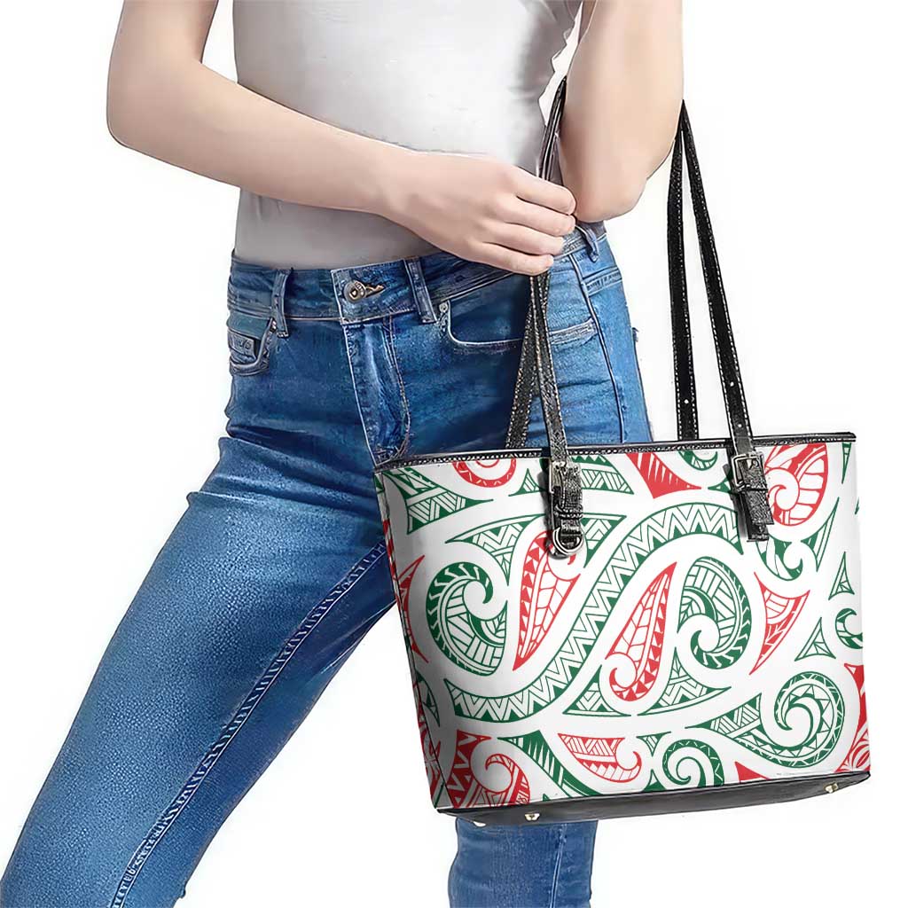 New Zealand Kowhaiwhai Christmas Leather Tote Bag Traditional Maori Koru Pattern - Polynesian Pride