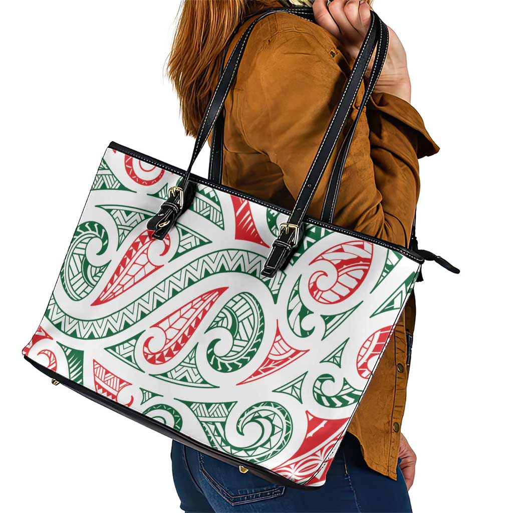 New Zealand Kowhaiwhai Christmas Leather Tote Bag Traditional Maori Koru Pattern - Polynesian Pride