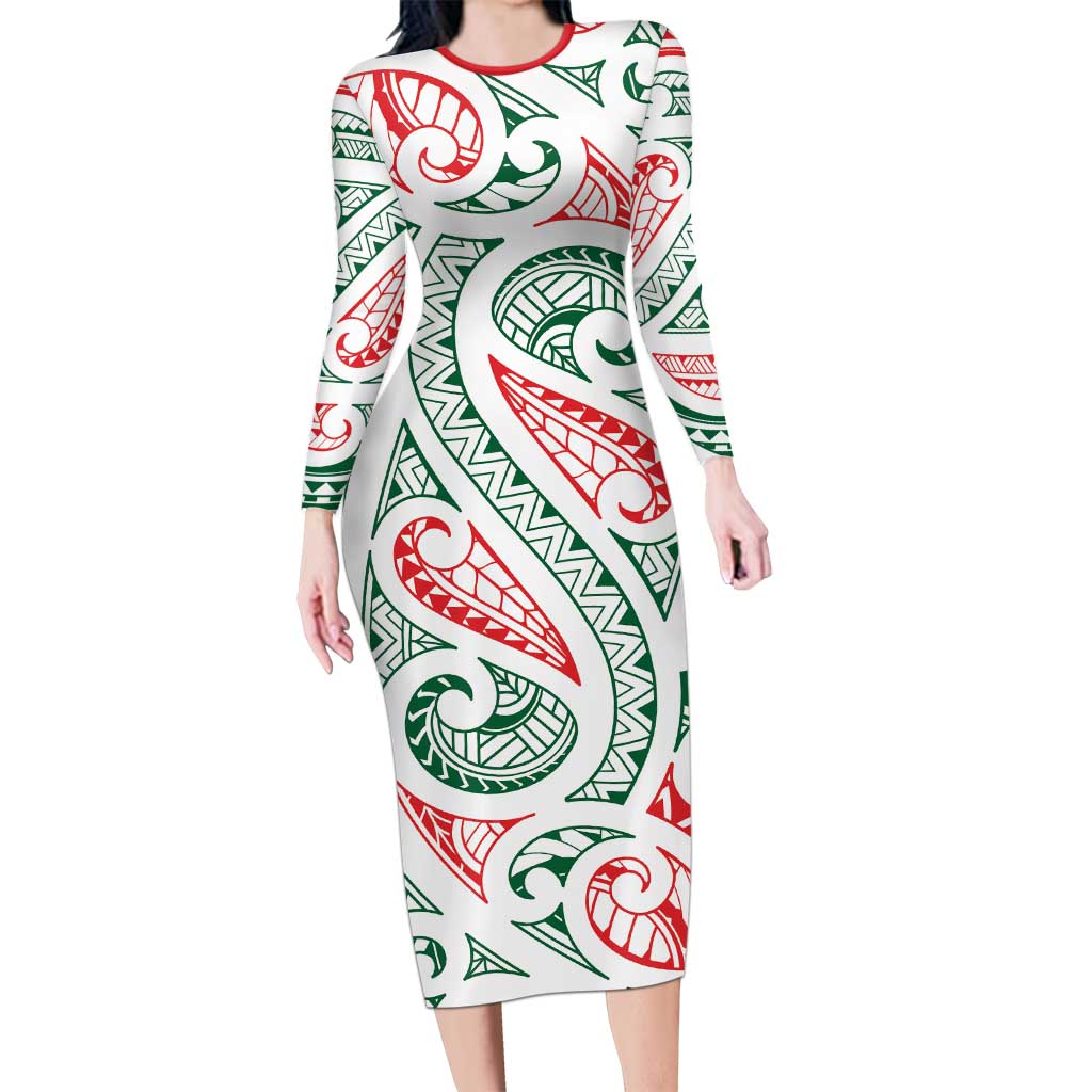 New Zealand Kowhaiwhai Christmas Long Sleeve Bodycon Dress Traditional Maori Koru Pattern - Polynesian Pride