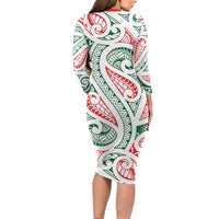 New Zealand Kowhaiwhai Christmas Long Sleeve Bodycon Dress Traditional Maori Koru Pattern - Polynesian Pride