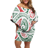 New Zealand Kowhaiwhai Christmas Off Shoulder Short Dress Traditional Maori Koru Pattern - Polynesian Pride