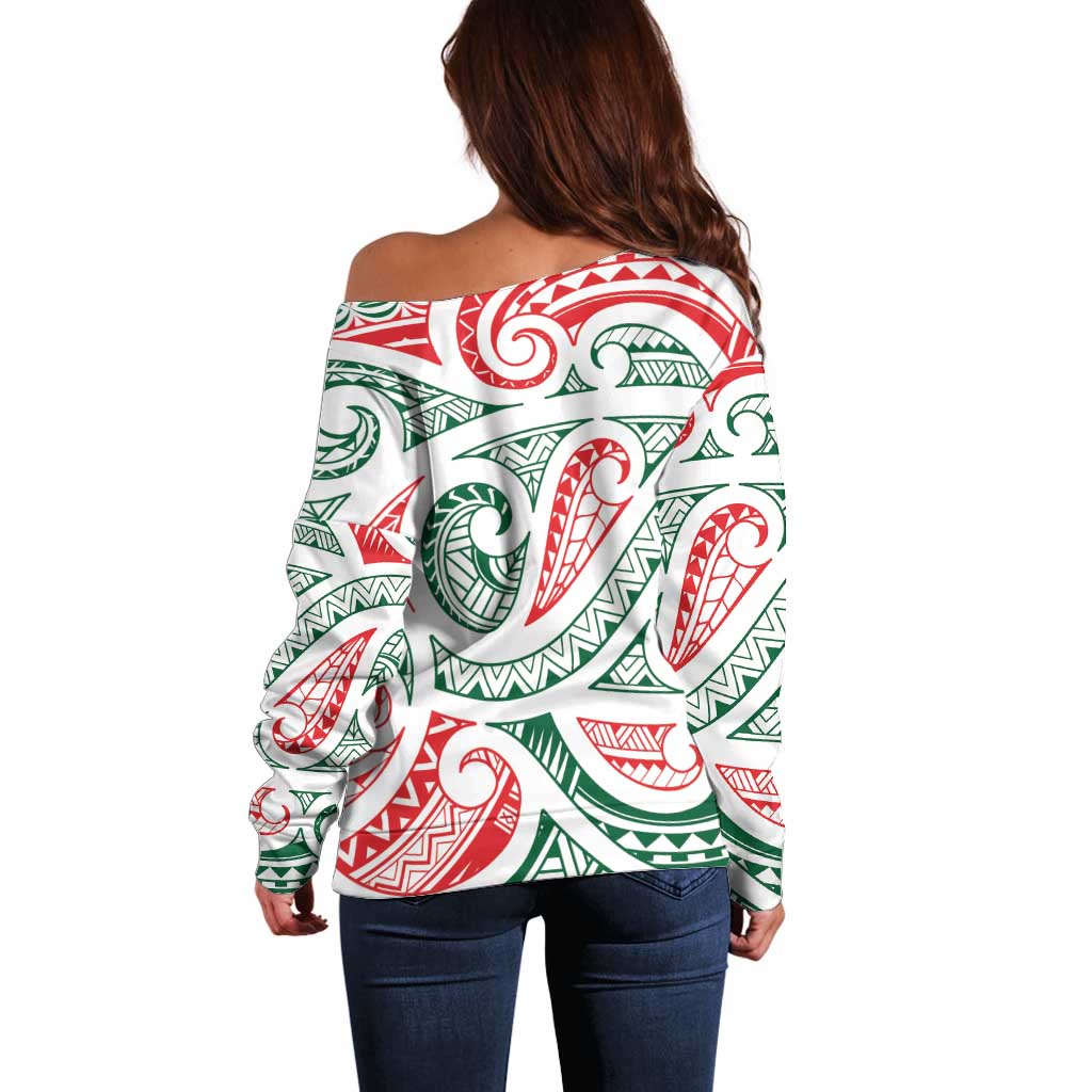 New Zealand Kowhaiwhai Christmas Off Shoulder Sweater Traditional Maori Koru Pattern - Polynesian Pride