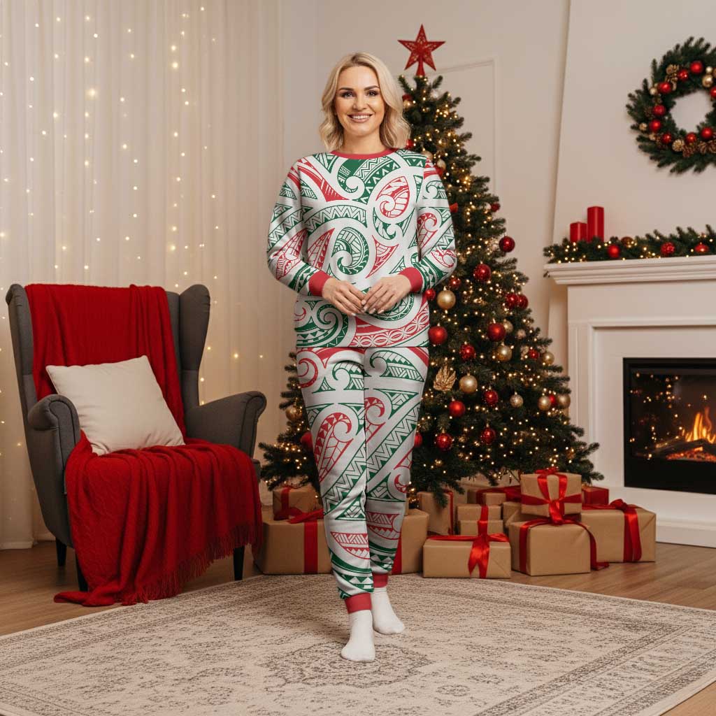 New Zealand Kowhaiwhai Christmas Pajama Set Traditional Maori Koru Pattern - Polynesian Pride