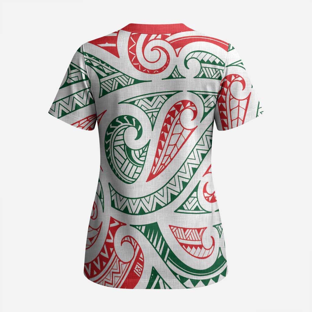 New Zealand Kowhaiwhai Christmas Scrub Top Traditional Maori Koru Pattern - Polynesian Pride