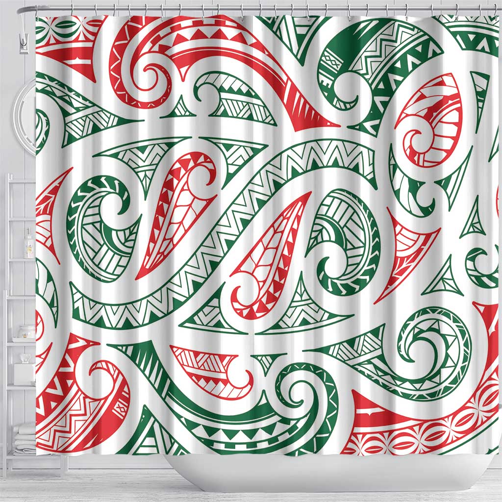New Zealand Kowhaiwhai Christmas Shower Curtain Traditional Maori Koru Pattern - Polynesian Pride