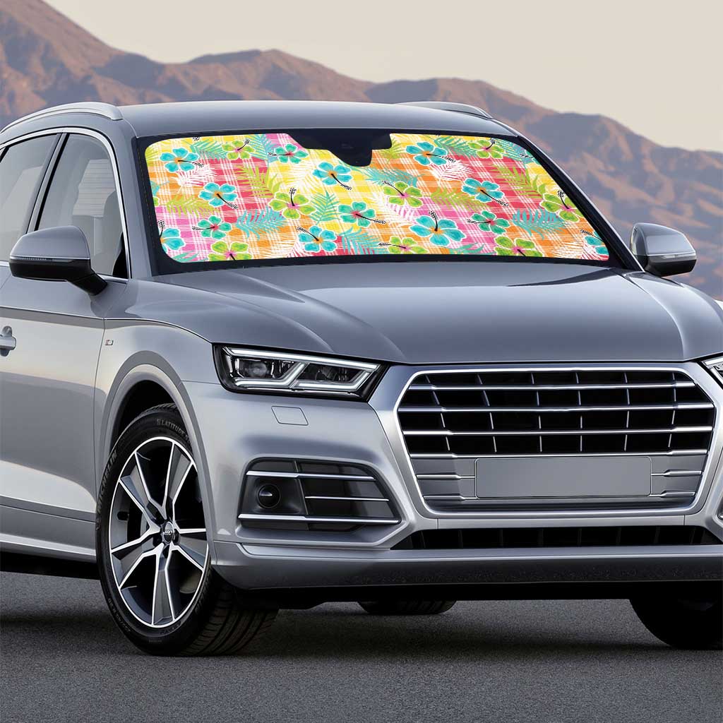 Hawaiian Palaka Auto Sun Shade Hibiscus Palm Leaf Pattern - Polynesian Pride