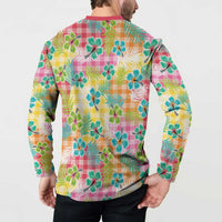 Hawaiian Palaka Button Sweatshirt Hibiscus Palm Leaf Pattern - Polynesian Pride