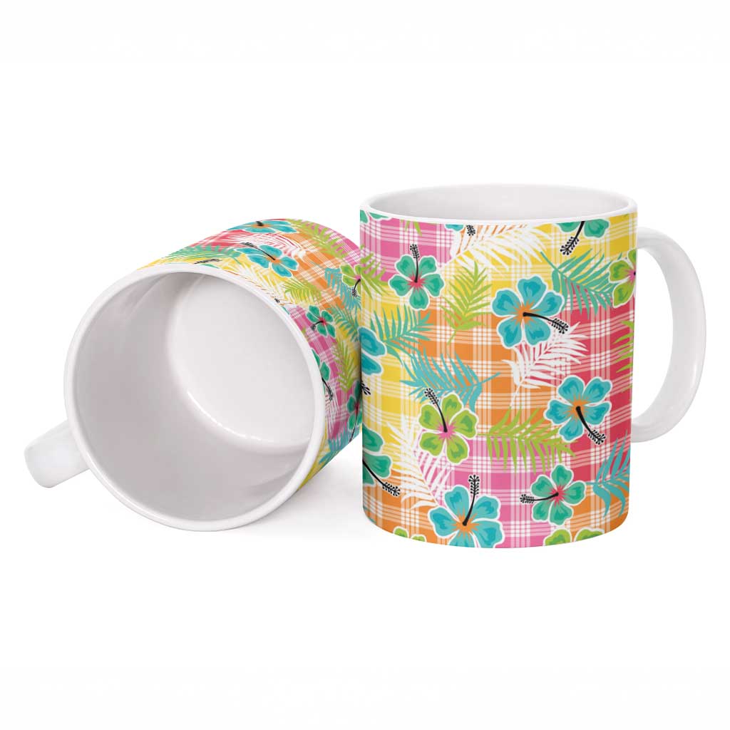 Hawaiian Palaka Ceramic Mug Hibiscus Palm Leaf Pattern - Polynesian Pride