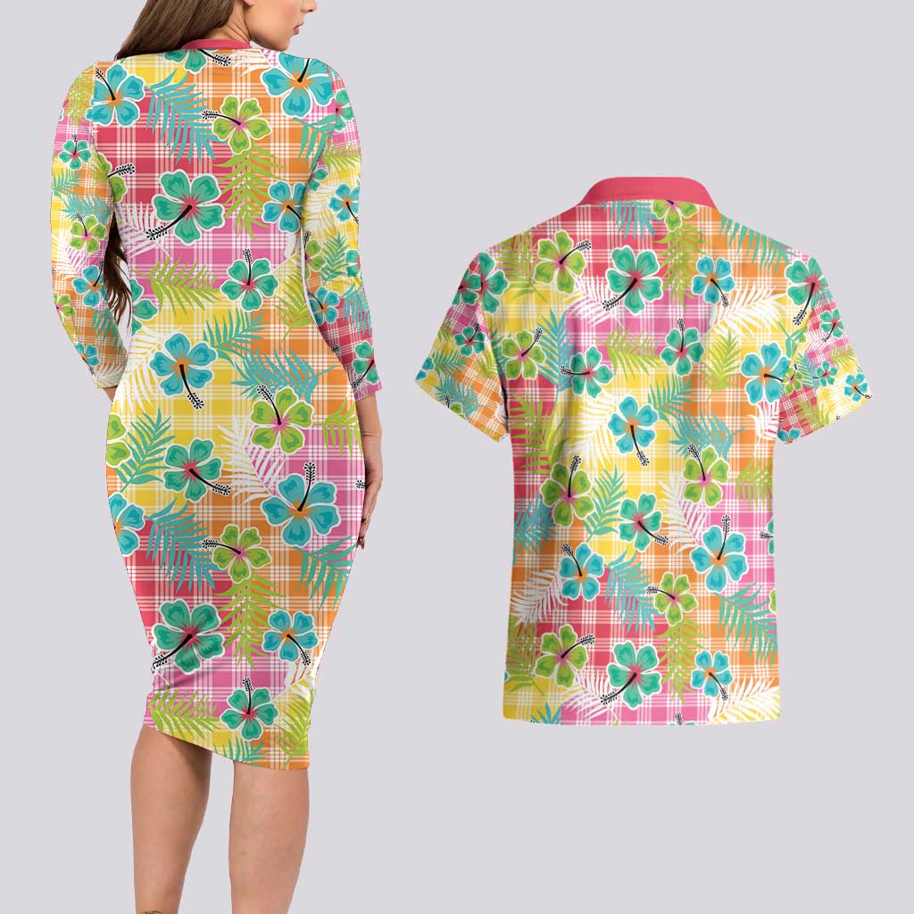 Hawaiian Palaka Couples Matching Long Sleeve Bodycon Dress and Hawaiian Shirt Hibiscus Palm Leaf Pattern - Polynesian Pride