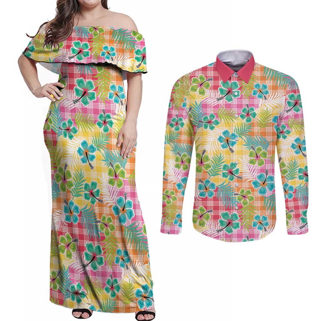 Hawaiian Palaka Couples Matching Off Shoulder Maxi Dress and Long Sleeve Button Shirt Hibiscus Palm Leaf Pattern - Polynesian Pride