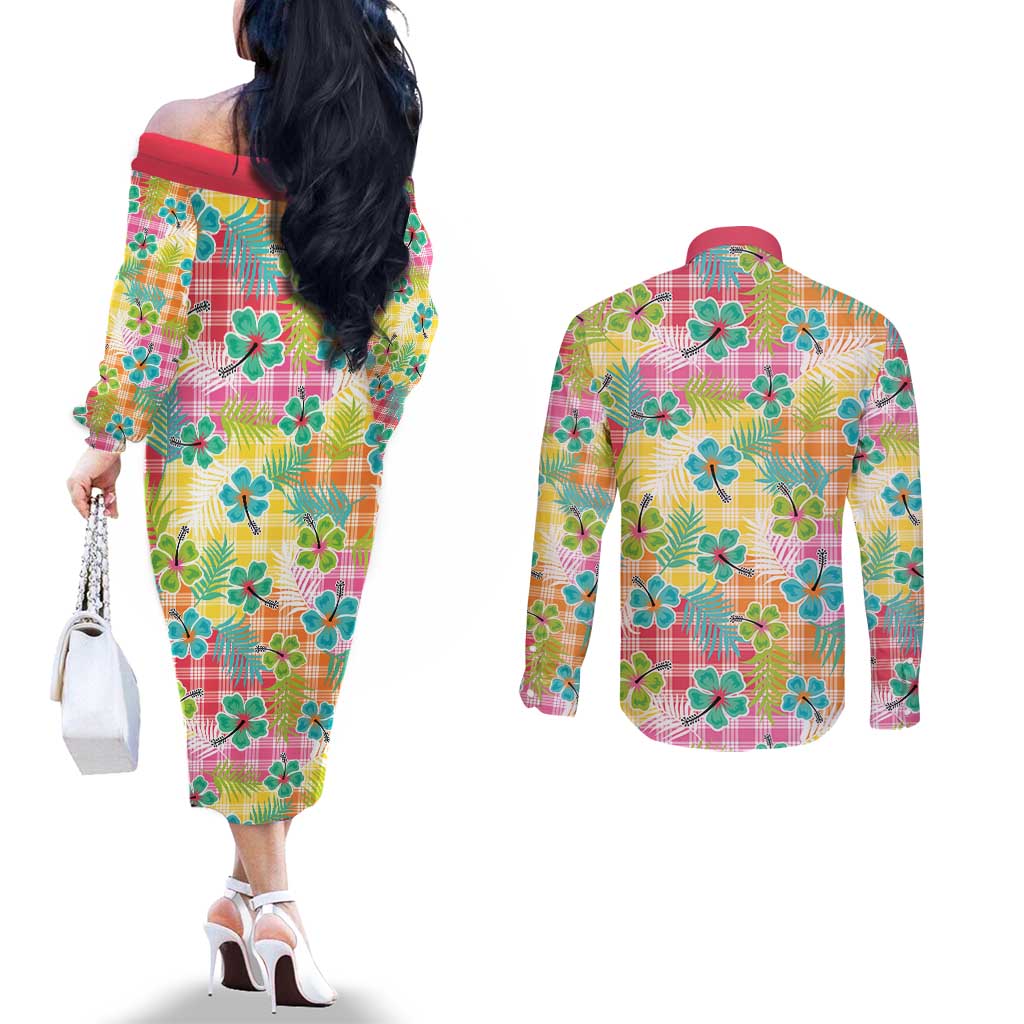 Hawaiian Palaka Couples Matching Off The Shoulder Long Sleeve Dress and Long Sleeve Button Shirt Hibiscus Palm Leaf Pattern - Polynesian Pride