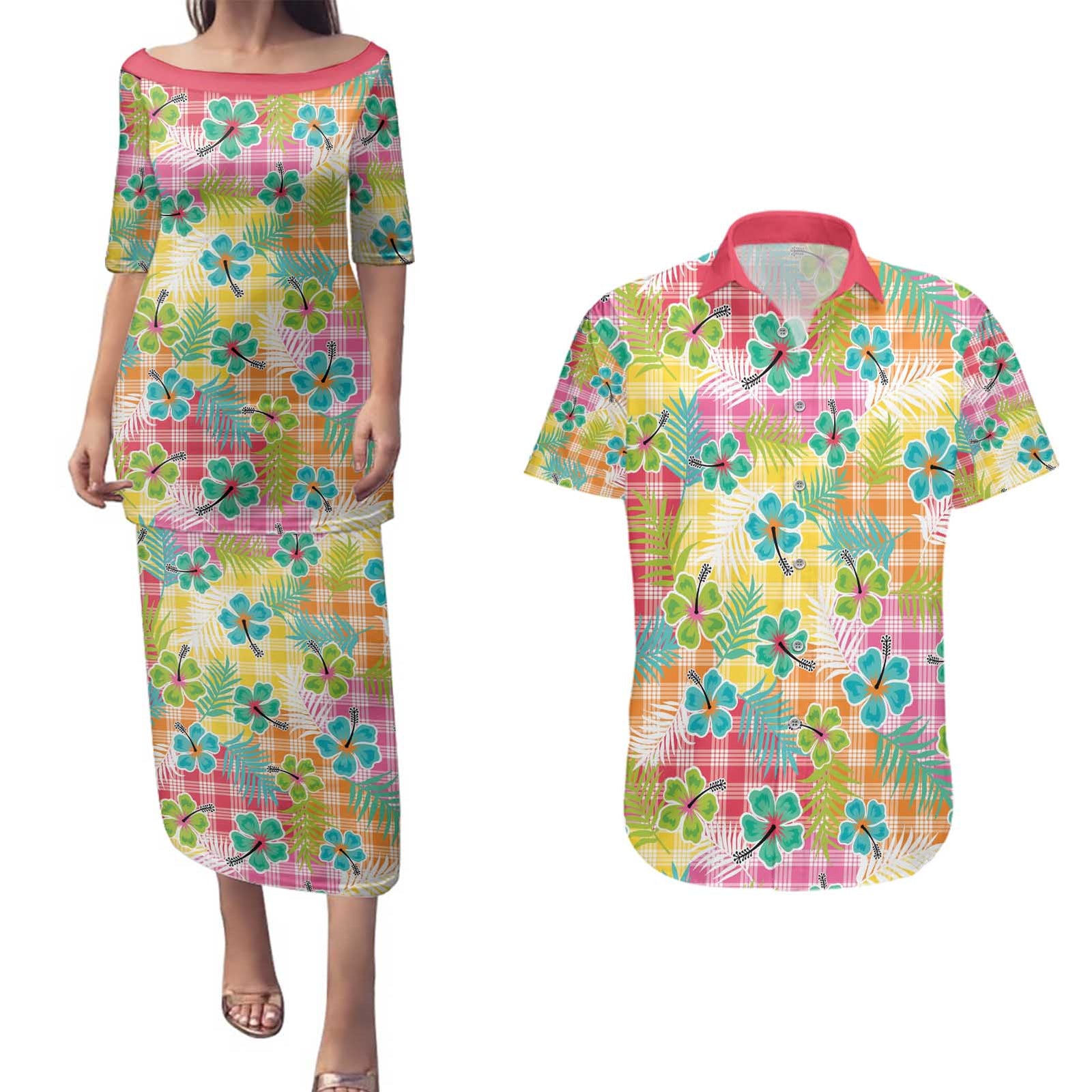 Hawaiian Palaka Couples Matching Puletasi and Hawaiian Shirt Hibiscus Palm Leaf Pattern LT9 Yellow - Polynesian Pride