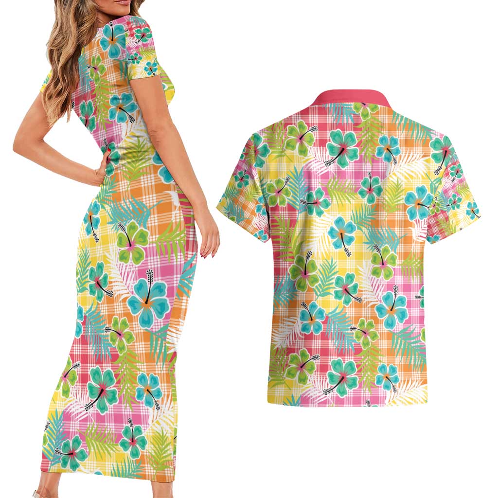 Hawaiian Palaka Couples Matching Short Sleeve Bodycon Dress and Hawaiian Shirt Hibiscus Palm Leaf Pattern - Polynesian Pride