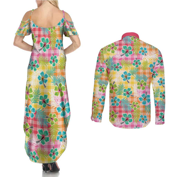 Hawaii Maui Couples Matching Summer Maxi Dress and Long Sleeve Button Shirts Polynesian Fish Hook Hibiscus Pink Version LT05