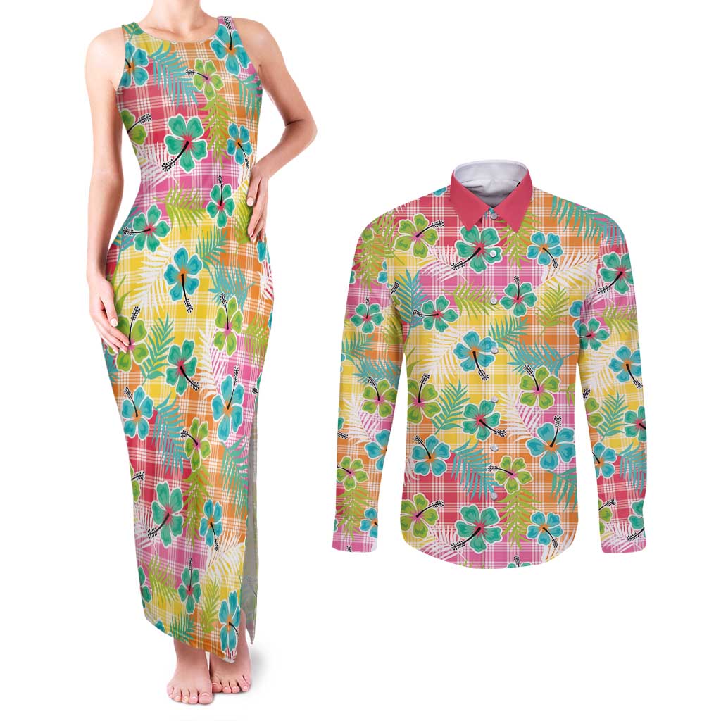 Hawaiian Palaka Couples Matching Tank Maxi Dress and Long Sleeve Button Shirt Hibiscus Palm Leaf Pattern - Polynesian Pride