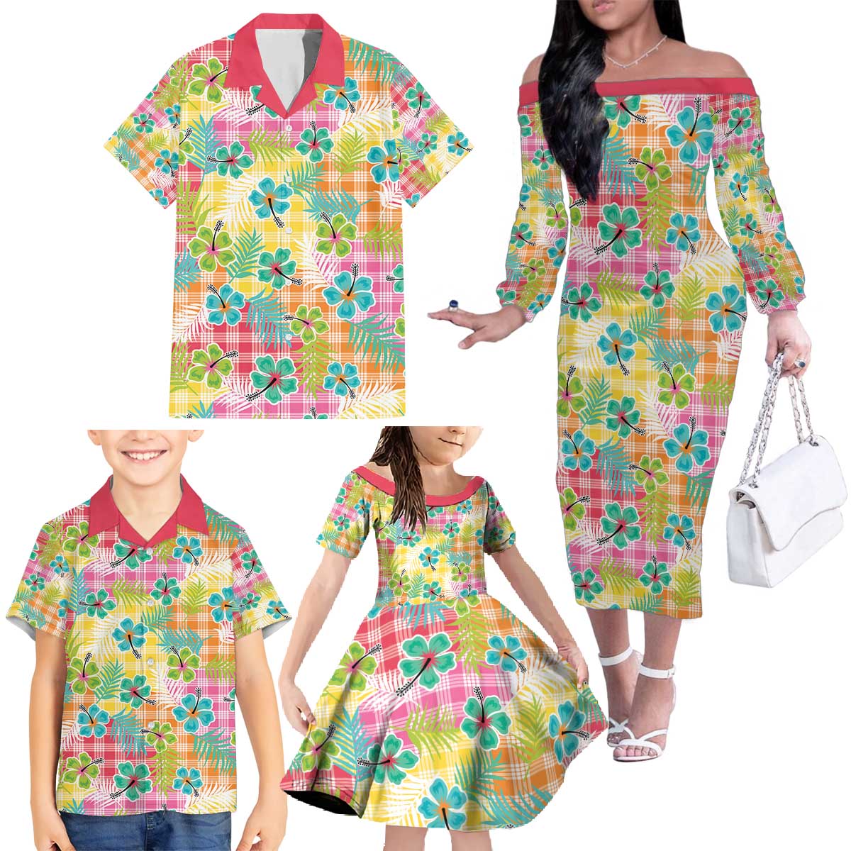 Hawaiian Palaka Family Matching Off The Shoulder Long Sleeve Dress and Hawaiian Shirt Hibiscus Palm Leaf Pattern - Polynesian Pride