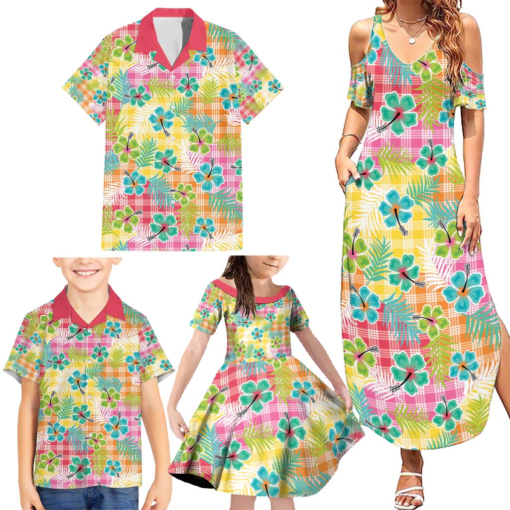 Hawaiian Palaka Family Matching Summer Maxi Dress and Hawaiian Shirt Hibiscus Palm Leaf Pattern - Polynesian Pride