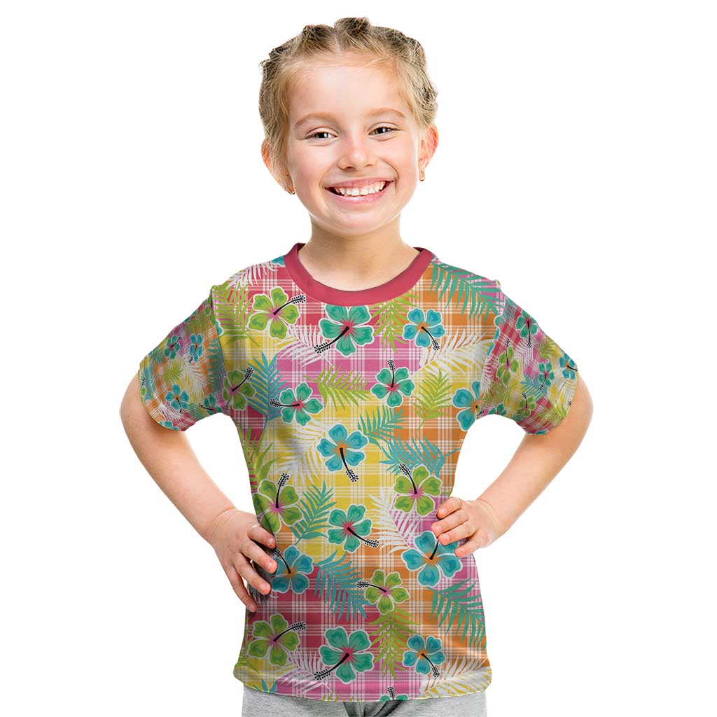 Hawaiian Palaka Kid T Shirt Hibiscus Palm Leaf Pattern - Polynesian Pride