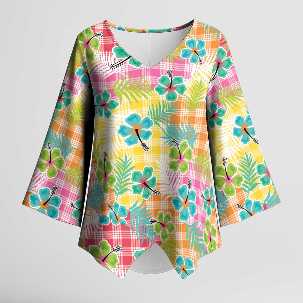 Hawaiian Palaka Kimono Sleeve Blouse Hibiscus Palm Leaf Pattern - Polynesian Pride