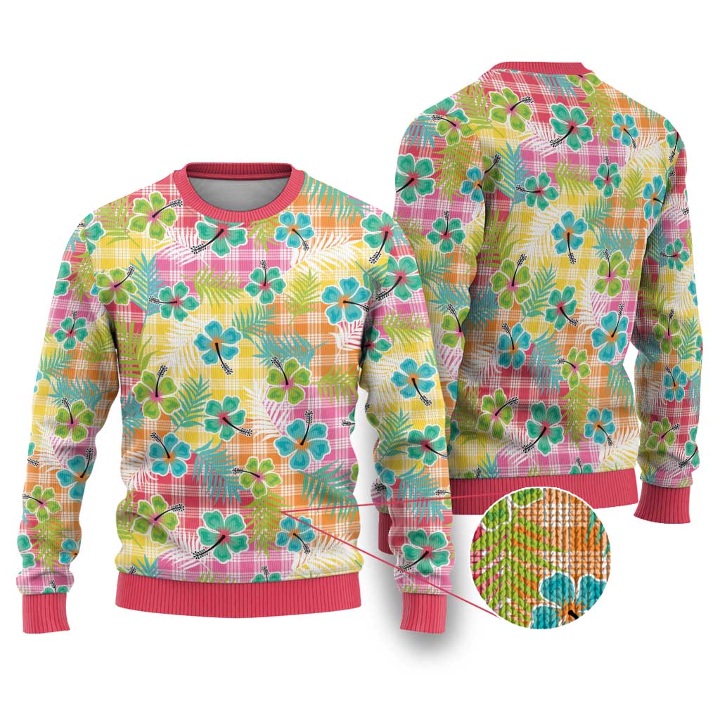 Hawaiian Palaka Ugly Christmas Sweater Hibiscus Palm Leaf Pattern - Polynesian Pride