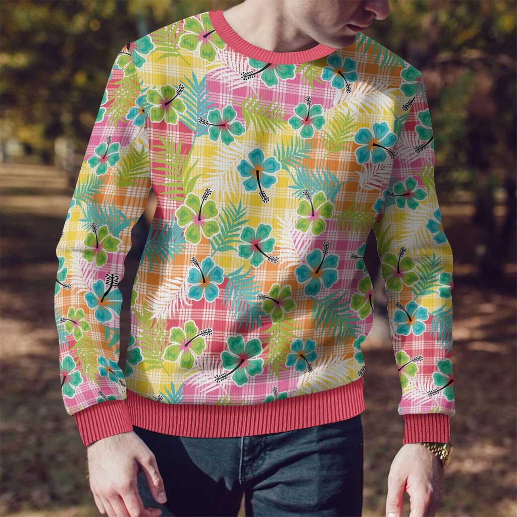 Hawaiian Palaka Ugly Christmas Sweater Hibiscus Palm Leaf Pattern - Polynesian Pride