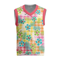 Hawaiian Palaka Christmas Knitted V-Neck Vest Hibiscus Palm Leaf Pattern - Polynesian Pride
