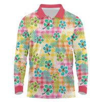 Hawaiian Palaka Long Sleeve Polo Shirt Hibiscus Palm Leaf Pattern - Polynesian Pride