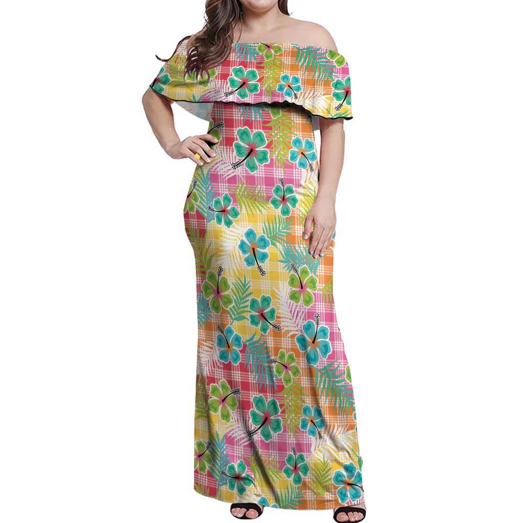 Hawaiian Palaka Off Shoulder Maxi Dress Hibiscus Palm Leaf Pattern Hawaiian Palaka Off Shoulder Maxi Dress Hibiscus Palm Leaf Pattern