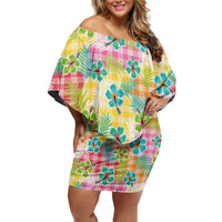 Hawaiian Palaka Off Shoulder Short Dress Hibiscus Palm Leaf Pattern - Polynesian Pride