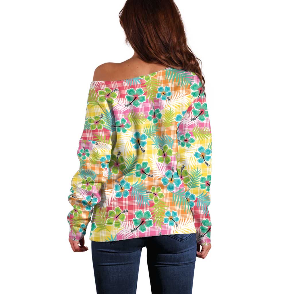 Hawaiian Palaka Off Shoulder Sweater Hibiscus Palm Leaf Pattern - Polynesian Pride