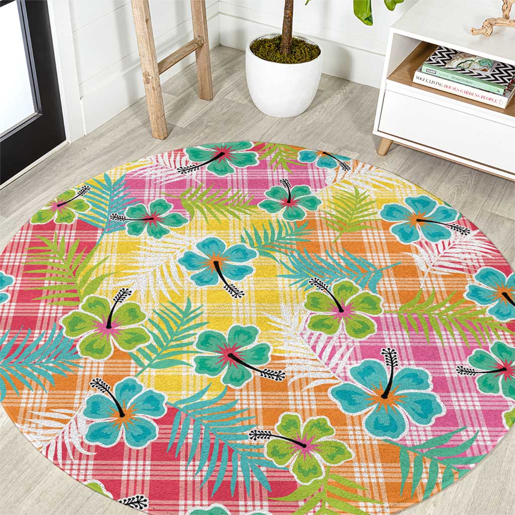Hawaiian Palaka Round Carpet Hibiscus Palm Leaf Pattern - Polynesian Pride
