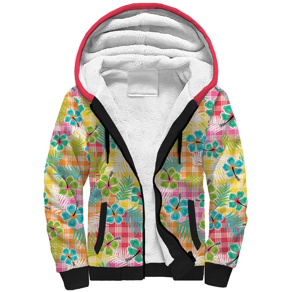 Hawaiian Palaka Sherpa Hoodie Hibiscus Palm Leaf Pattern - Polynesian Pride